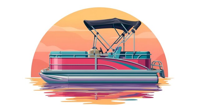 A pink and blue pontoon boat floats on calm water at sunset with a black canopy and vibrant reflections.