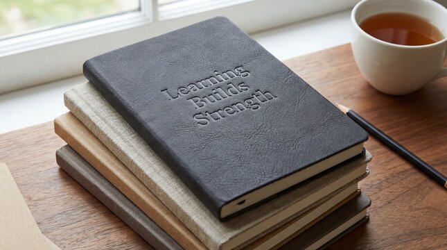 A stack of notebooks and a cup of tea on a wooden table by a window
