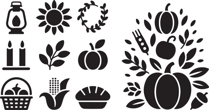 Autumn icons, fall symbols, harvest elements, black vector set