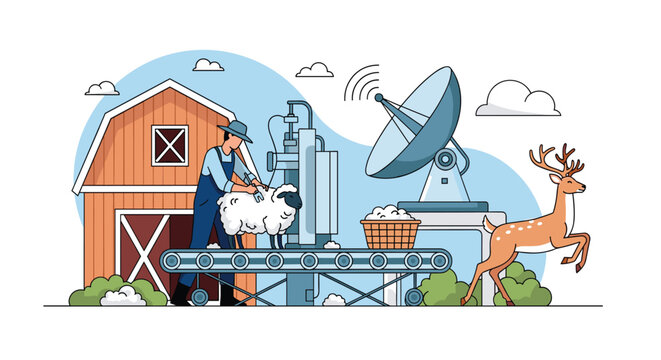 Futuristic agricultural farm features automated sheep shearing on a conveyor belt system alongside modern satellite technology.