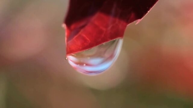Extreme macro shot of a clear water droplet hanging from the tip of a vibrant red leaf