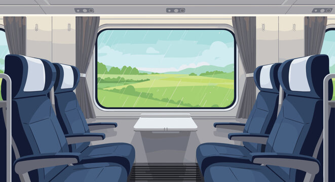 Interior view of a modern passenger train features empty blue seats and a large window overlooking lush green meadows.