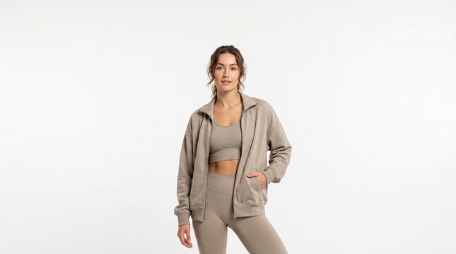Confident Young Woman Posing in Comfortable Athleisure Wear Against White Background.