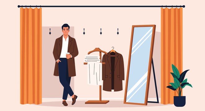 Stylish man tries on a sophisticated brown coat while standing in front of a mirror in a modern clothing store dressing room.