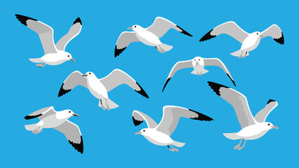 Obraz premium Seagulls Flying Over Bright Blue Sky — Vector Illustration of a Flock in Flight