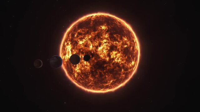The solar system with sun and planets alignment. Space exploration concept featuring burning hot sun star and planetary orbits.