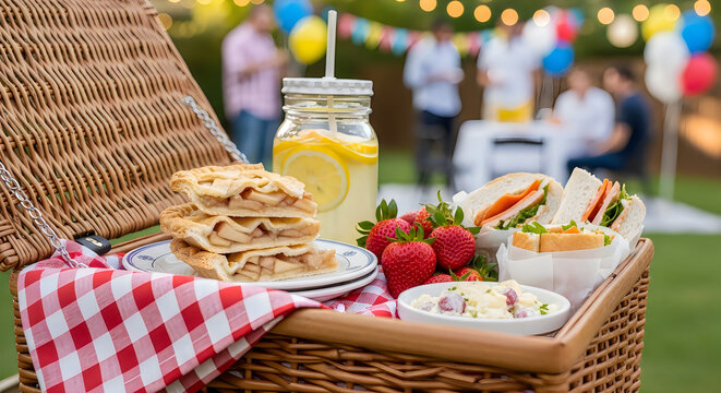 Picnic basket, outdoor food, summer barbecue, wicker picnic hamper