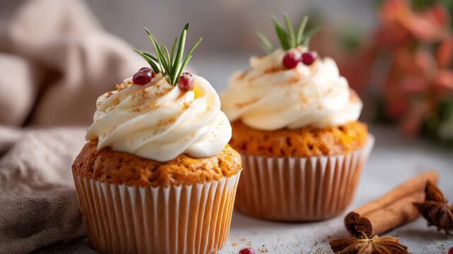 Pumpkin spice cupcakes with cream frosting and garnishes on rustic background Making Spiced Fall Cupcakes evoking a cozy autumn dessert vibe