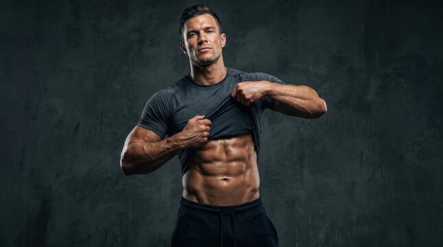 Muscular male bodybuilder showing off his strong abdominal muscles and fit physique.