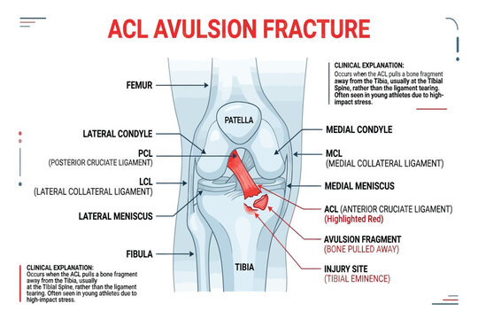 Detailed ACL avulsion fracture knee anatomy infographic with labeled ligaments and injury site
