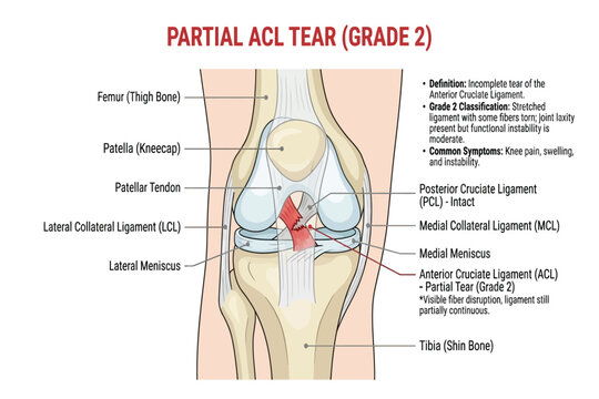Medical illustration showing partial ACL tear anatomy, knee ligaments, and symptoms overview.