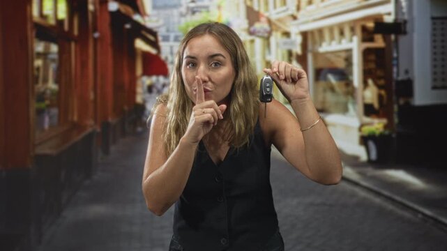 Young blonde woman holding car key fob and index finger to lips shushing on a cobbled street market lane; secrecy intrigue curiosity.