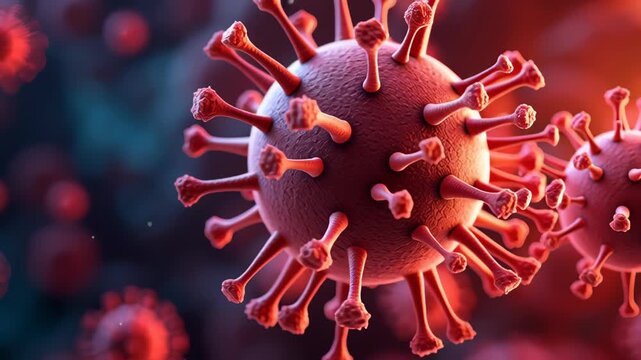 Coronavirus particle close up with red spike protein structure floating dark background detailed virus model microscopic pathogen