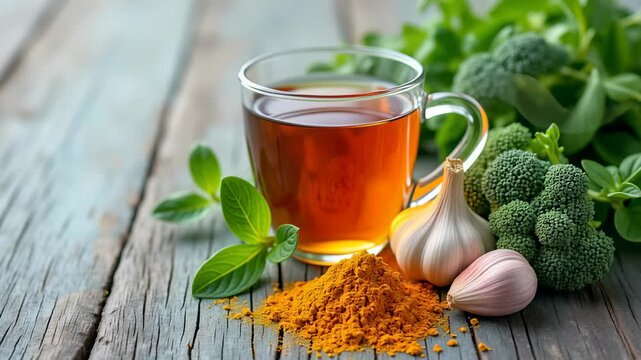 Herbal tea with turmeric powder, garlic, fresh basil leaves, broccoli rustic wooden table for healthy natural lifestyle benefits
