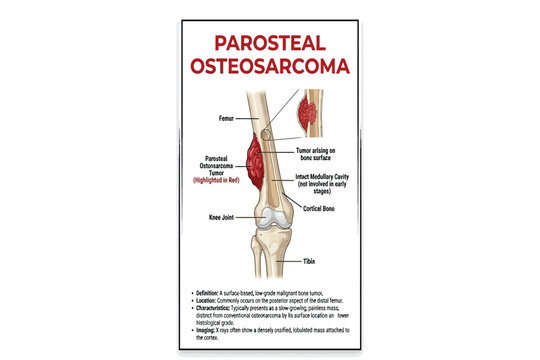 Medical illustration showing parosteal osteosarcoma tumor anatomy, bone surface location, and characteristics.