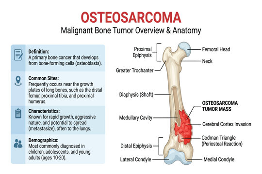 Medical illustration showing osteosarcoma tumor anatomy, common sites, characteristics, and demographics.