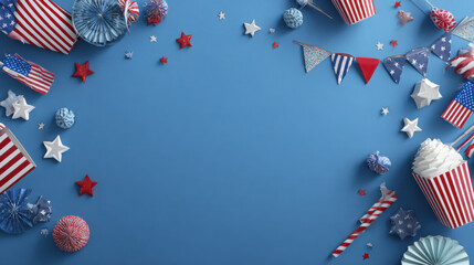 Fototapeta premium Patriotic party decorations on blue background with american flags and stars