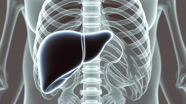 Liver and Disease concepts,Liver anatomy with rib cage and spine showing internal organ medical concept human body detailed organ