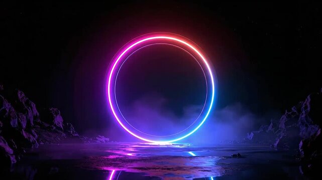 A glowing neon ring illuminates a dark and rocky cavern floor