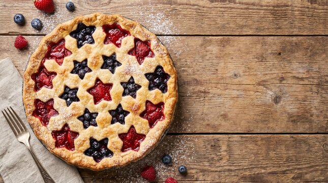 Patriotic July 4th berry pie with star crust on rustic wood