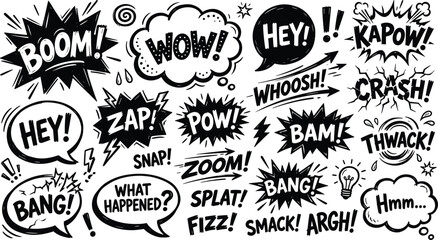 Comic Book Sound Effects Speech Bubbles Vector Set with Black Hand Drawn Pop Art Onomatopoeia Expressions for Retro Graphic Designs © Rafika