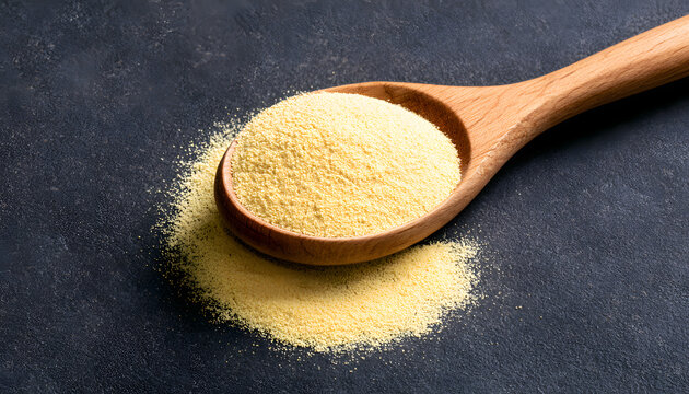 Xanthan gum powder is in the wooden spoon. Fine yellow ingredient is used for baking and cooking. It is gluten-free and is used as a food additive for thickening and stabilizing.