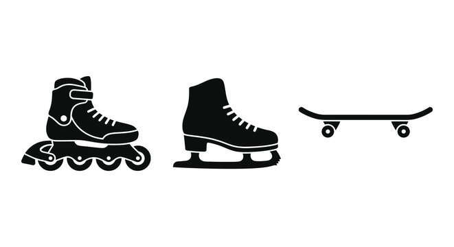 Roller Skate Ice Skate And Skateboard Silhouette Collection On White Background