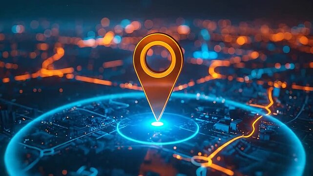 A glowing digital location pin above a stylized urban grid map
