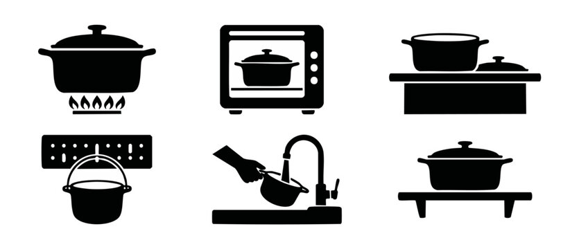Cooking pot icon set kitchen silhouettes featuring stove top cooking, oven baking, washing under tap, and hanging storage for web design and culinary infographic assets.