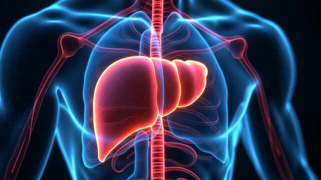 Liver scan concepts,Liver anatomy glowing inside transparent chest and rib cage showing human organ structure with blood vessels
