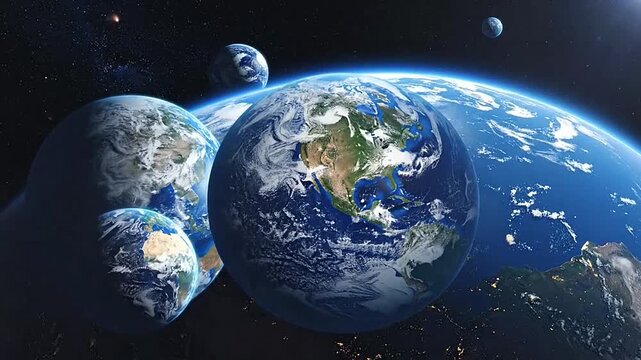 Multiple blue planets floating in the vast dark outer space void