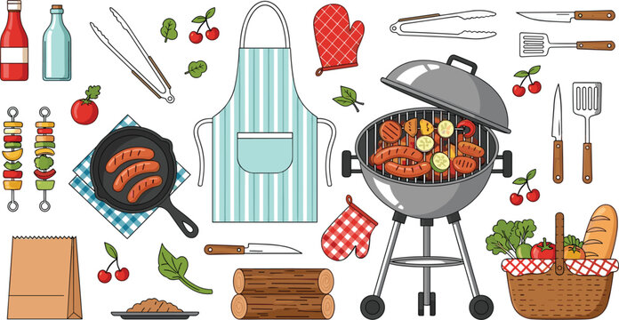 Barbecue Grill and Picnic Vector Element Set with Apron Skewers Sausages Basket and Utensils for Summer Cookout and Restaurant Menu Designs