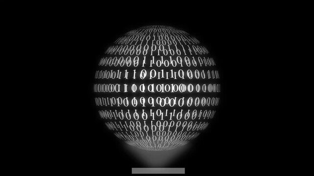 3D Sphere Covered in White Binary Code on Black Background digital data