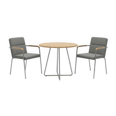 Fototapeta premium Modern round table with gray fabric chairs and metal legs transparent background