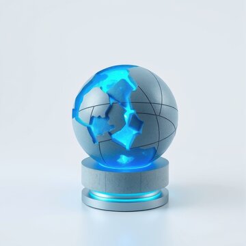 Gray globe with glowing blue sections rests on pedestal. Minimalist design, clean background, futuristic aesthetic. Symbolizes global connectivity.