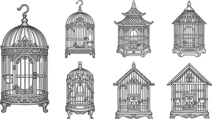 Vintage Birdcage Silhouette Elements Set with Decorative Ornate Details and Antique Wire Designs for Retro Illustration, Graphic Projects, and Home Decor Panels © Rafika