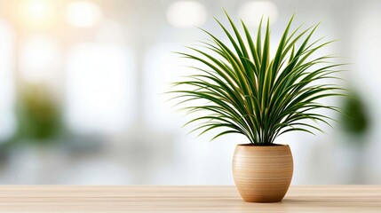 Fototapeta premium Vibrant indoor houseplant in ceramic pot placed on wooden table with bright blurred home interior background lighting