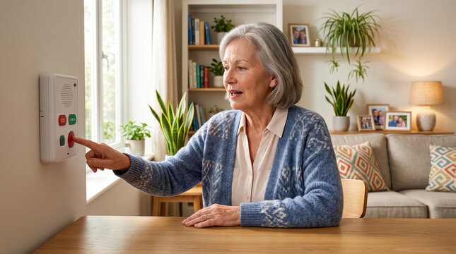 Senior Woman Pressing Red Button on Home Emergency Alert System