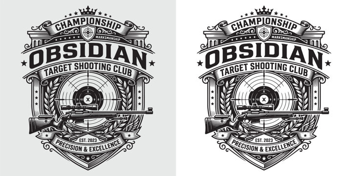 Obsidian target shooting club emblem with sniper rifle and bullseye precision design
