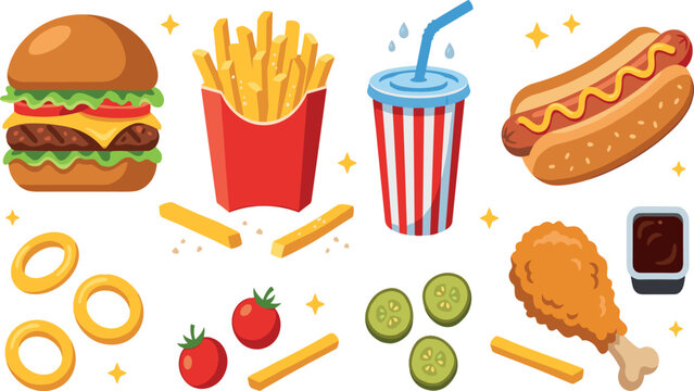 Fast food cartoon vector element set featuring hamburger french fries soda cup hot dog onion rings fried chicken leg cherry tomatoes and pickle slices