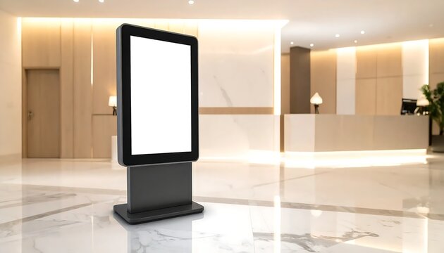 Blank vertical digital signage screen mockup positioned in a luxury modern hotel lobby or corporate reception office hall