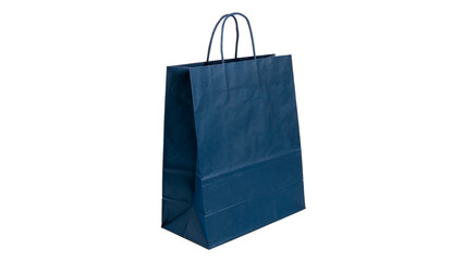 Dark blue or black paper shopping bag with handles standing upright isolated on transparent background cut out © Hanna