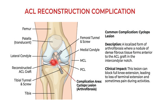 ACL reconstruction complication infographic showing Cyclops lesion, arthrofibrosis, graft anatomy and fixation. eps 10