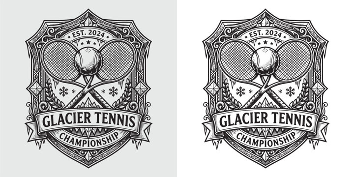Glacier Tennis Championship vintage crest with crystal tennis ball and ice snowflakes