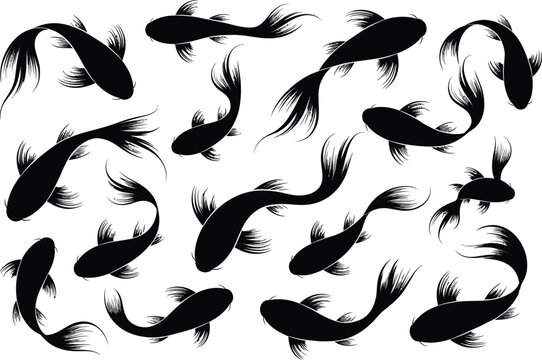 Koi fish silhouettes, swimming in various poses for aquatic wildlife, pond decoration, Japanese culture, nature themes, and marine design concepts.
