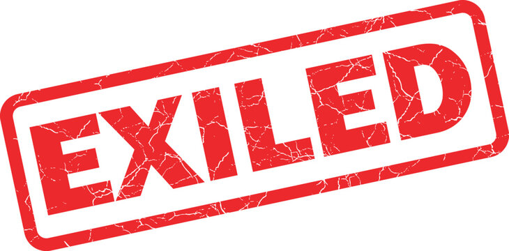 Red rubber stamp with the word exiled