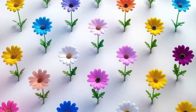 Vividly colored 3D daisies arranged in systematic rows across a clean white surface creating a cheerful repetitive floral pattern design