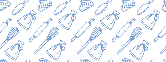 Seamless gardening tools pattern with watering cans, rakes, and shovels in blue line art. Playful farm and garden equipment design creates a charming decorative background. Perfect for textiles,  © Parul