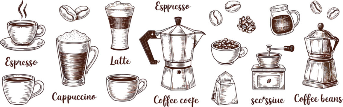 Coffee Cups Beans Espresso Machine Latte Cappuccino Illustration