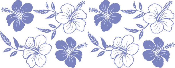 Fototapeta premium Elegant seamless blue hibiscus floral pattern with hand-drawn tropical flowers and leafy branches. Soft repeating botanical design creates a timeless decorative background. Perfect for fabric, 